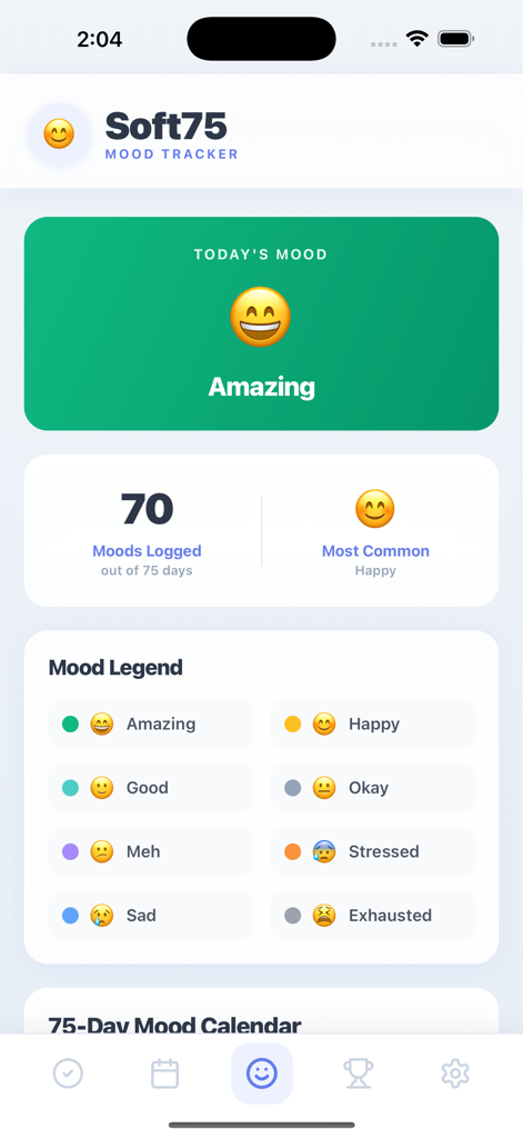 75 Soft Challenge - Tracker - Mood tracker dashboard in the 75 Soft Challenge app showing mood logs progress and a color coded legend