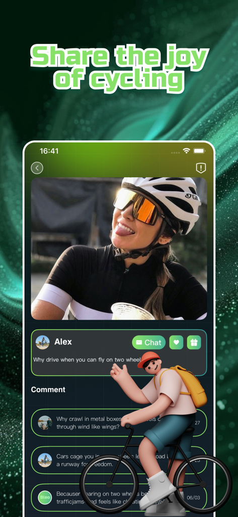 Bleo - Discover, Chat & Enjoy - Bleo app screen showing a user profile named Alex with options to chat and community comments about cycling.