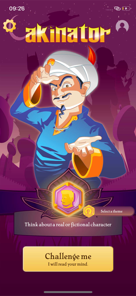 Akinator VIP home screen with the genie character and a button to start the mind reading challenge