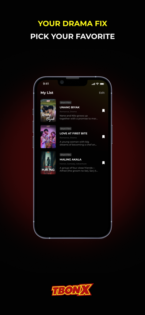 Smartphone screen showing a watchlist of Filipino films and series on the TBONX app