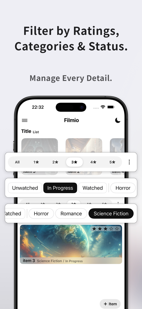 Filmio app interface showing filters for ratings, watch status, and genres like Horror and Science Fiction
