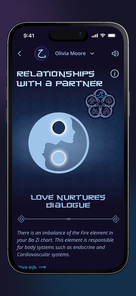 TSI Bazi astrology app screen showing relationship analysis with a yin-yang graphic featuring human profiles.