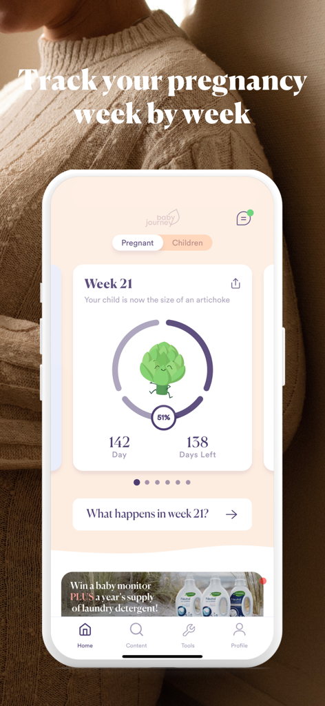 Baby Journey - Pregnant & Baby - Interfaccia dell'app Baby Journey che monitora il progresso della gravidanza per la settimana 21