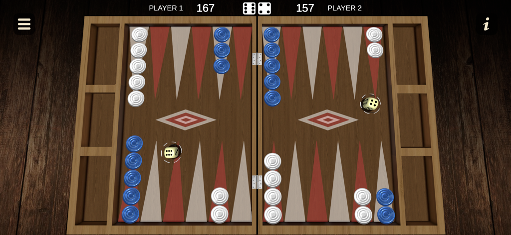 Backgammon - Two player - Top view of a realistic wooden backgammon board with blue and white checkers and dice