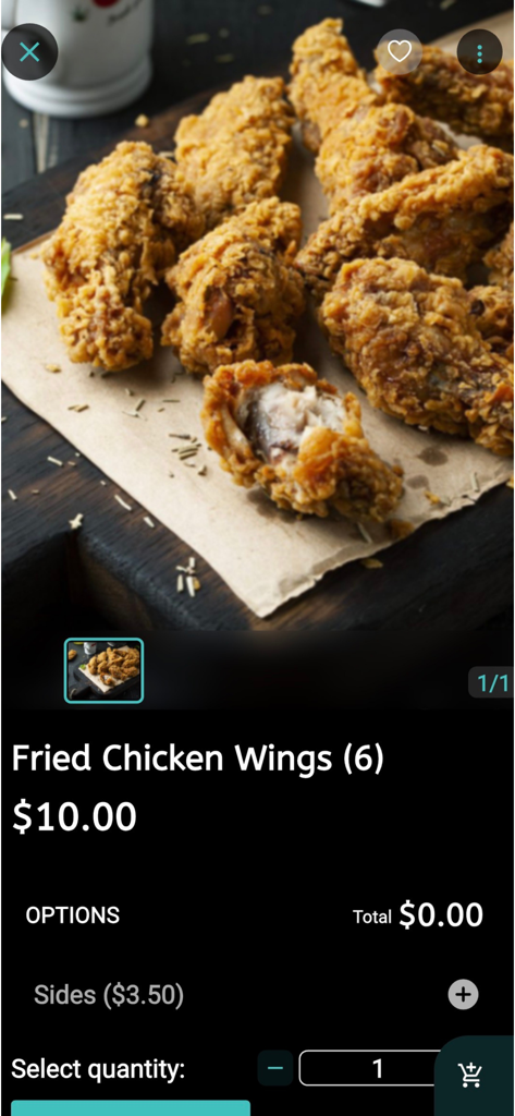Fire And Spice Restaurant - Interfaz de la aplicación móvil que muestra una pantalla de pedido de alitas de pollo fritas en el Restaurante Fire and Spice