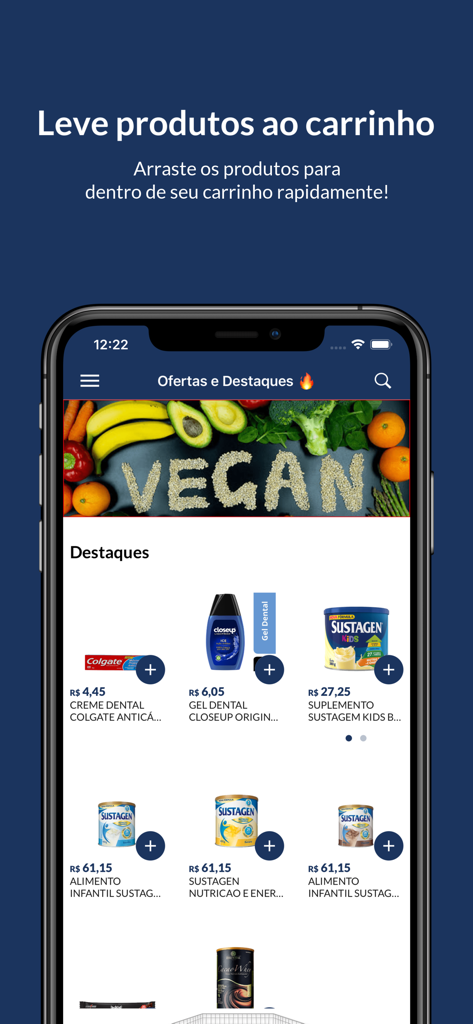 Casa Garcia Gourmet - Tela do aplicativo Casa Garcia Gourmet mostrando produtos de mercearia e um banner de categoria vegana