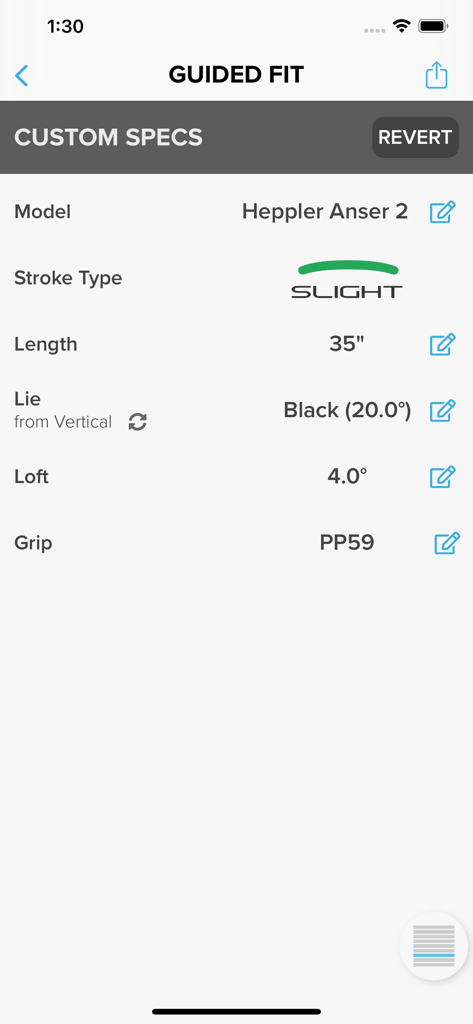 iPING 2.0 app Guided Fit custom putter specifications screen