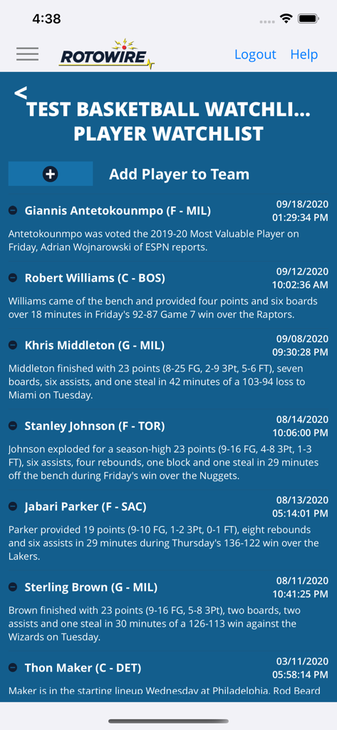 L'application RotoWire propose une liste de surveillance des joueurs NBA, avec des mises à jour sur des joueurs comme Giannis Antetokounmpo et Khris Middleton.