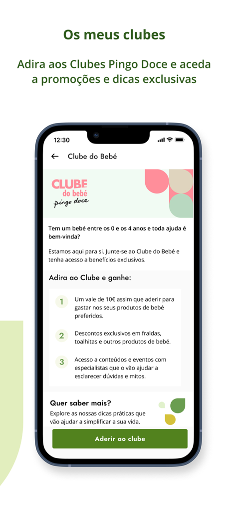 O Meu Pingo Doce - Pantalla de la app O Meu Pingo Doce mostrando los beneficios de la membresía del Club Bebé, incluyendo descuentos y vales