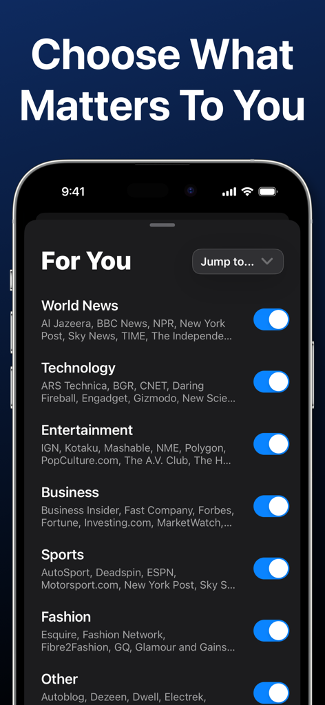 Bulletin: AI News Reader - A mobile app interface titled For You showing various news categories like Technology and Business with toggle switches to customize the feed.
