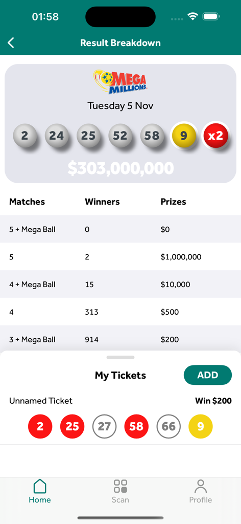 Florida Lottery Scanner - Florida Lottery Scanner app displaying Mega Millions winning numbers and a ticket result breakdown