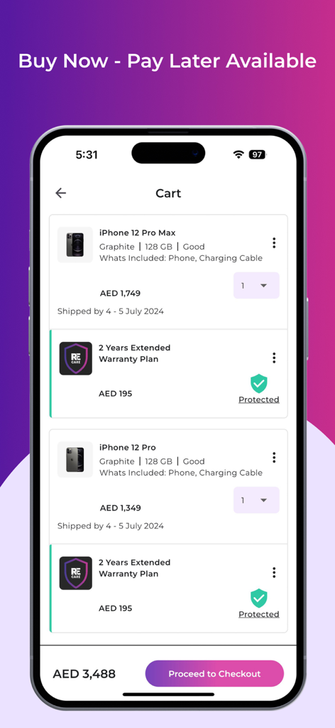 A shopping cart in the Revibe app showing refurbished iPhones and extended warranty plans
