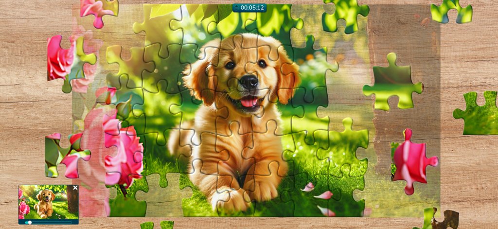 Cool Jigsaw Puzzle HD - Digital jigsaw puzzle of a cute golden retriever puppy sitting in a flower garden.