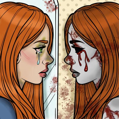 woman, staring at her crying, reflection, realistic, beautiful