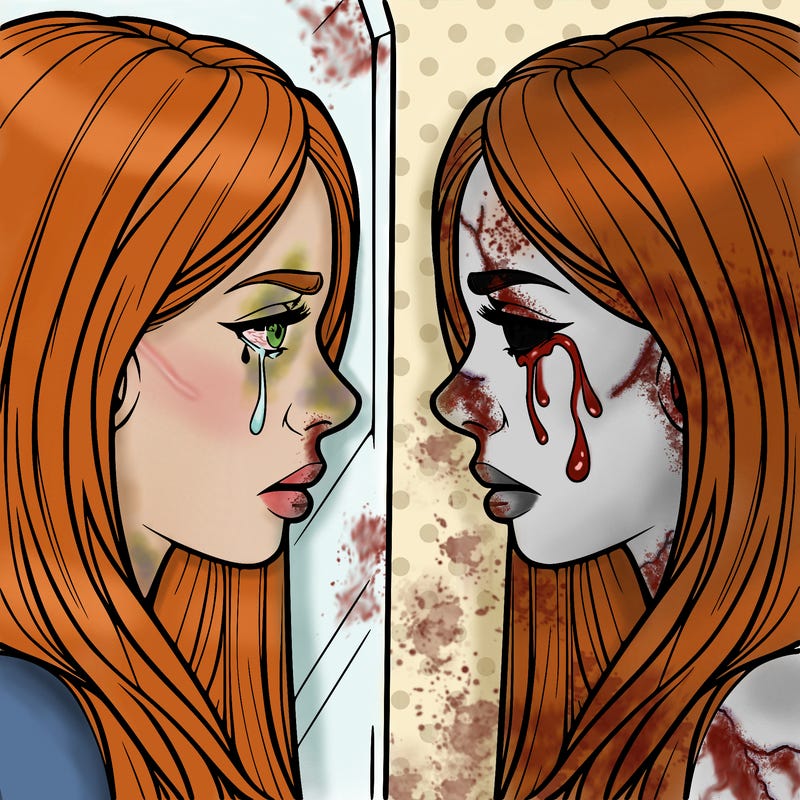 woman, staring at her crying, reflection, realistic, beautiful