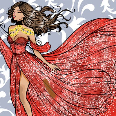 realistic woman in dress flowing the the wind