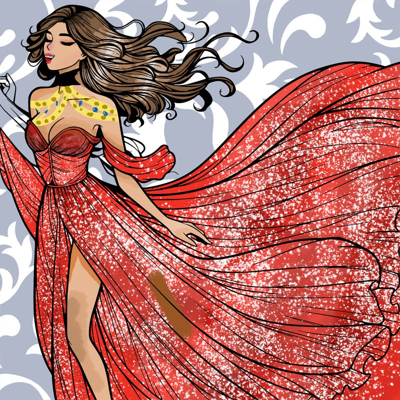 realistic woman in dress flowing the the wind