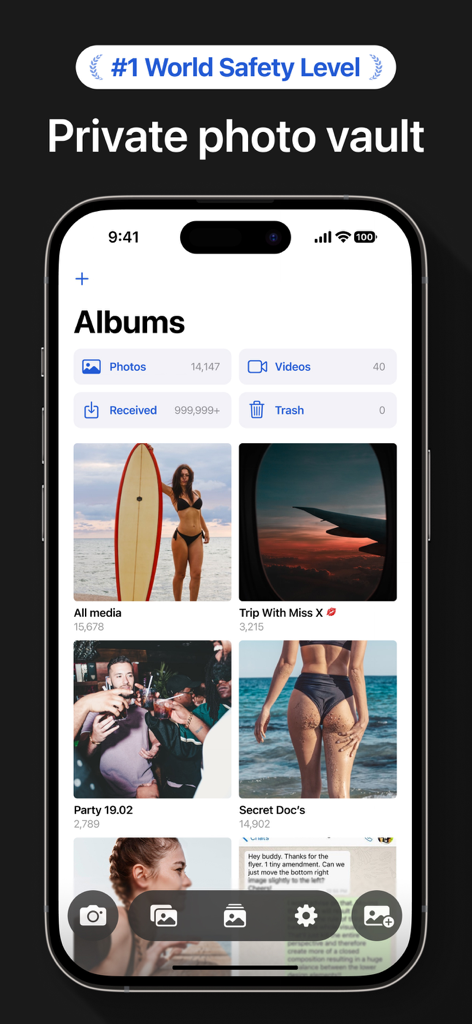 Converter: Hidden Photo Vault - A mobile app interface displaying a private photo vault with organized albums and media thumbnails