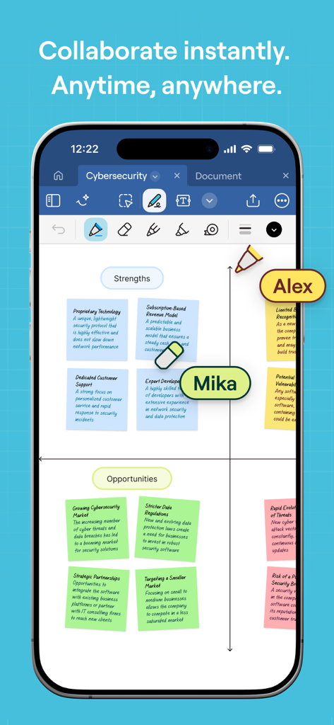 Goodnotes app on iPhone showing real-time collaboration on a digital whiteboard with sticky notes and multiple participants.