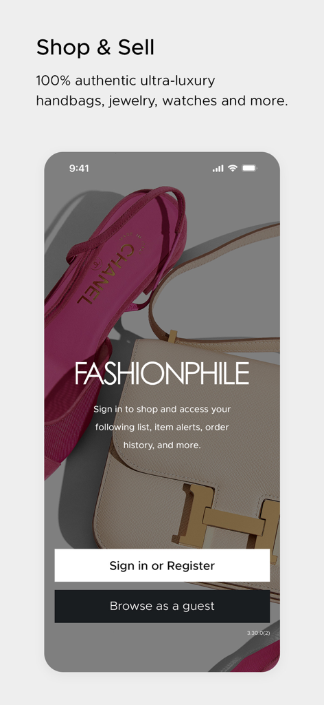 FASHIONPHILE - FASHIONPHILE app welcome screen featuring luxury resale handbags and shoes.