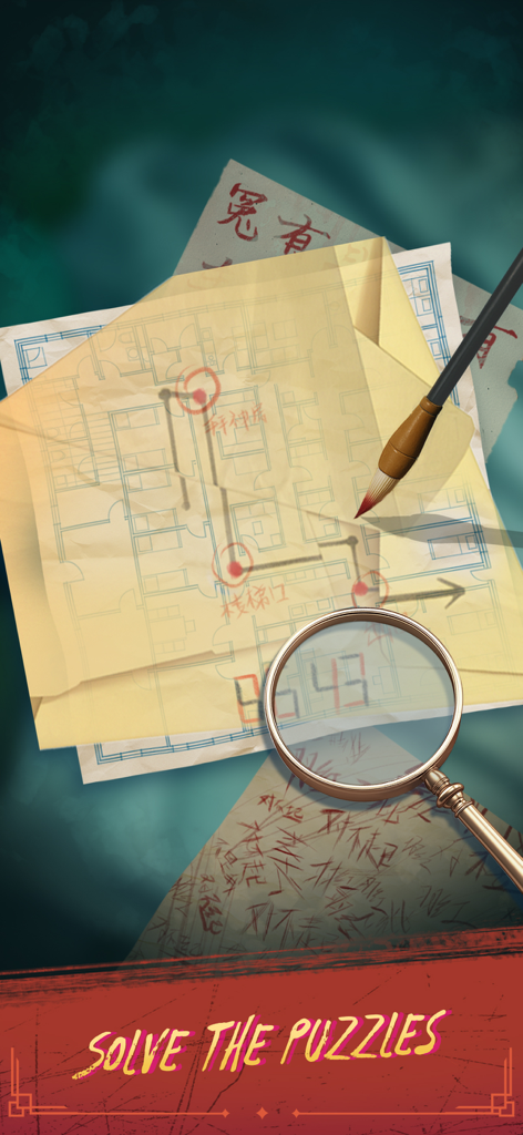 Haunted Merge: Horror Story - Una pantalla de investigación que muestra un plano de planta con una lupa y el texto Resuelve los acertijos.