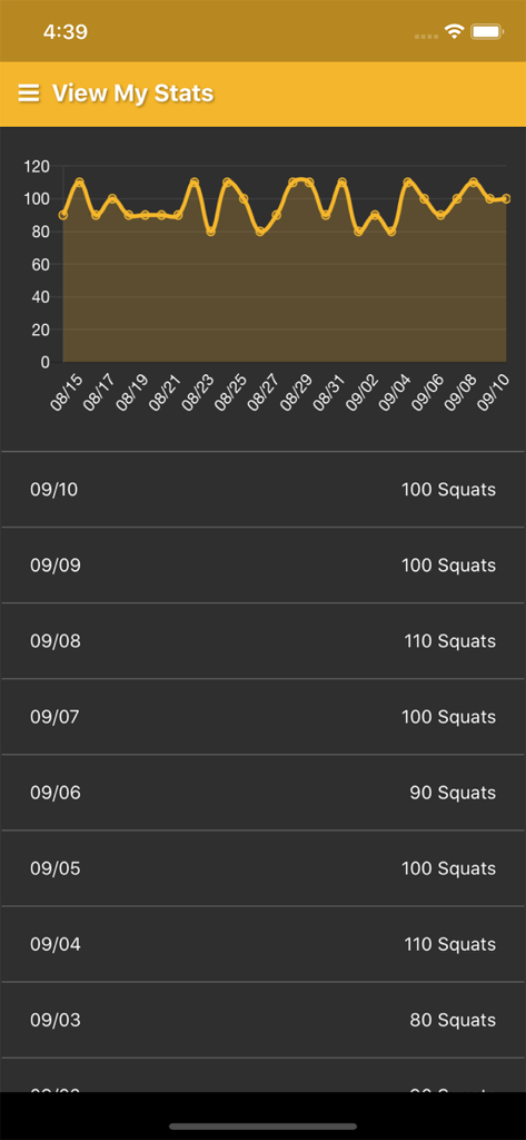 Daily squat progress chart and exercise history log