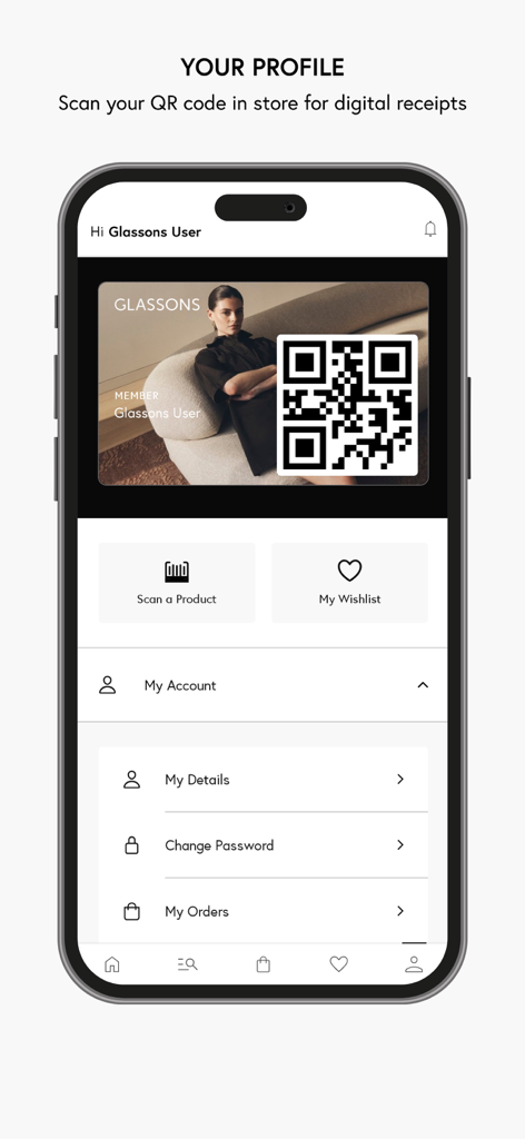 Glassons - Glassons app user profile screen featuring a digital membership card with a QR code and account settings.