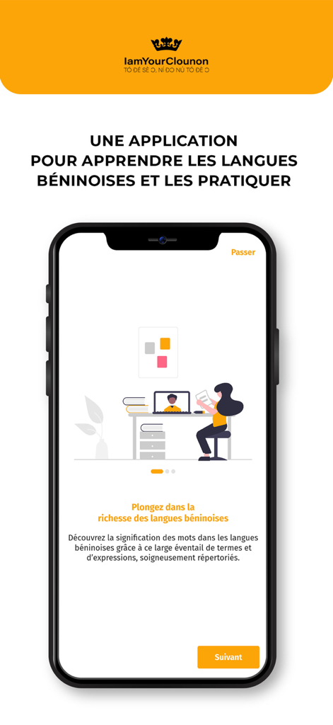 Tela de integração do aplicativo móvel Dico des Langues Beninoises com ilustração de estudante e texto sobre o aprendizado de línguas beninesas