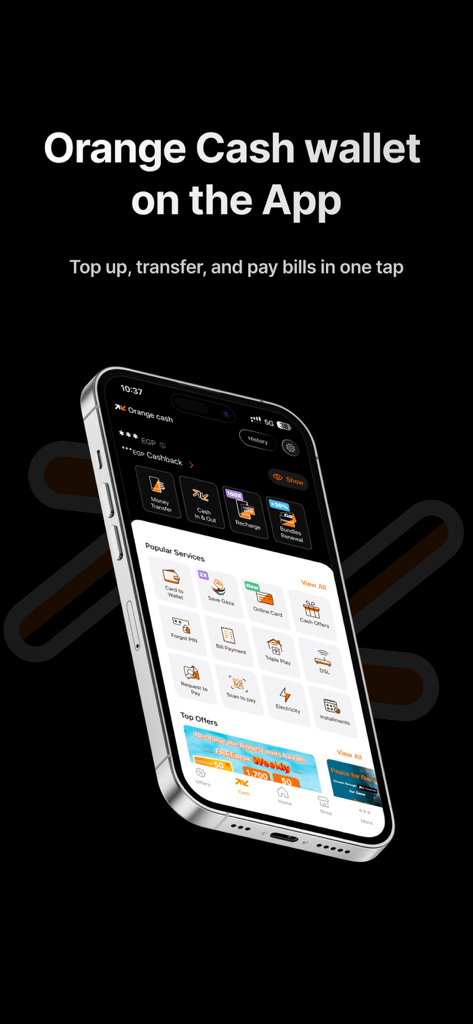 My Orange Egypt - Orange Cash wallet interface on a smartphone for mobile payments and top ups