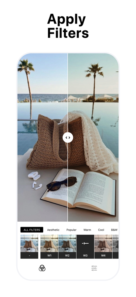 Vue en écran partagé dans l'application Mon Flux montrant une photo d'un sac de plage et d'un livre avant et après l'application d'un filtre esthétique.