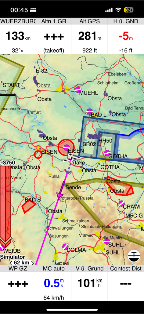 XCSoar - XCSoar app interface displaying a detailed glider navigation map with real-time flight data and airspace information
