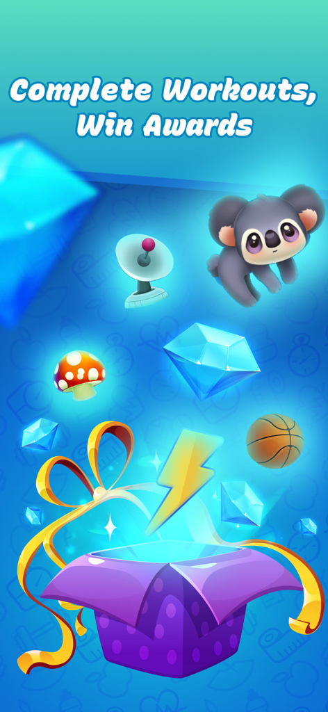 Kids Workout & Fitness - A colorful rewards screen in the kids fitness app featuring a gift box and collectible items like diamonds and a koala.