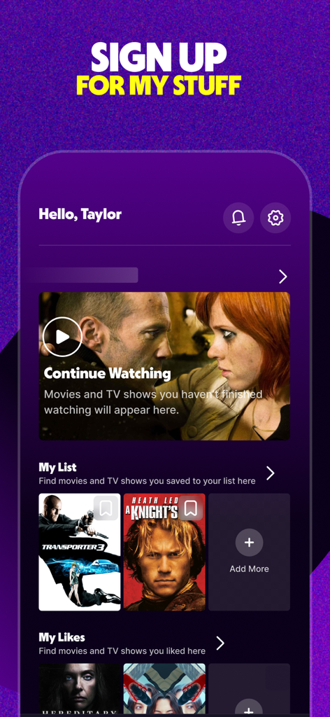 Tubi app interface showing a personalized user profile with a movie watchlist and continue watching section