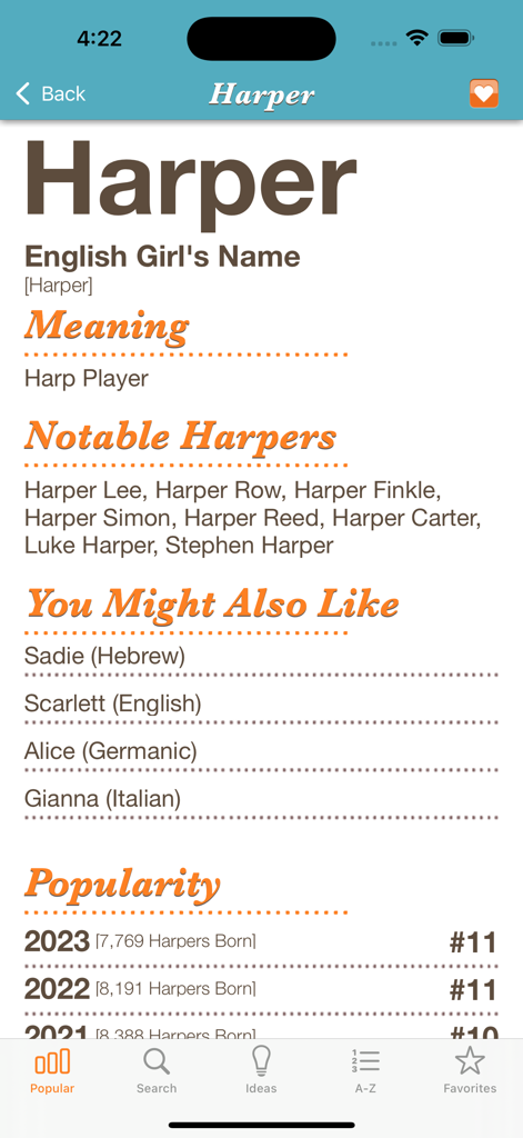 Baby Names™ - App screen showing the meaning, notable people, and popularity rankings for the baby name Harper