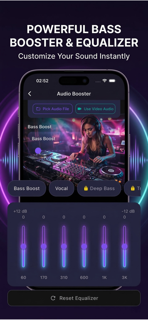 Bass Booster &Volume,Equalizer - Pantalla de smartphone que muestra una aplicación de potenciador de audio con controles deslizantes de ecualizador y ajustes de potenciador de graves