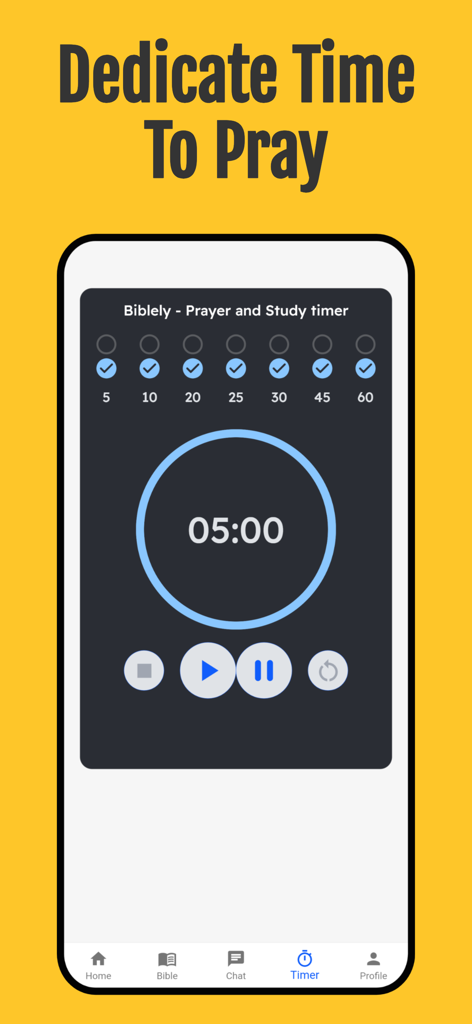 Bible Chat: by Biblely - Interfaz del temporizador de oración y estudio de la aplicación Biblely configurado para cinco minutos