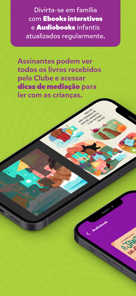 Smartphones displaying interactive ebooks and audiobooks from the Leiturinha kids reading app