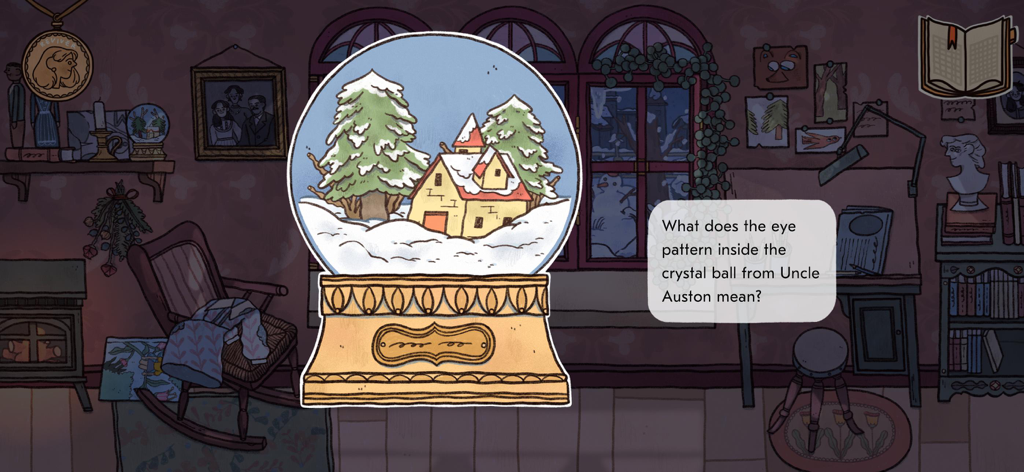 Reviver: Butterfly - Eine handgezeichnete Illustration eines gemütlichen Zimmers mit einer großen Schneekugel, die ein Haus im Winter zeigt, und einer narrativen Sprechblase.