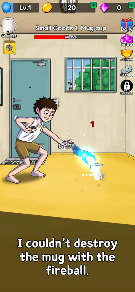 Character shooting a blue fireball to destroy a mug in The Legend of Fireball game
