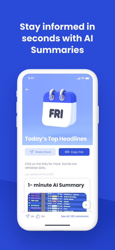 Smartphone screen showing Lumi News 1-minute AI news summaries