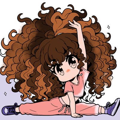 an anime girl with really curly hair doing a split in the air