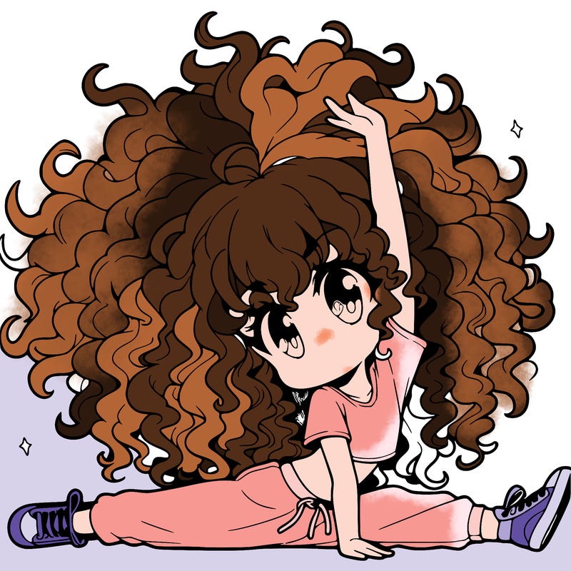 an anime girl with really curly hair doing a split in the air
