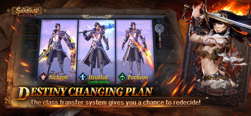 Interfaz de transferencia de clase del juego móvil Silkroad Online mostrando las clases de personajes Bicheon Heuksal y Pacheon