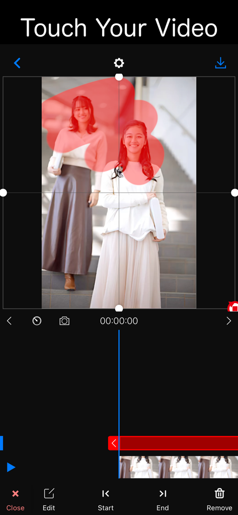 Benutzeroberfläche der MosaicEditor App, die zeigt, wie ein Benutzer einen Bereich in einem Video auswählt, um einen Weichzeichnungs- oder Mosaikeffekt zum Schutz der Privatsphäre anzuwenden