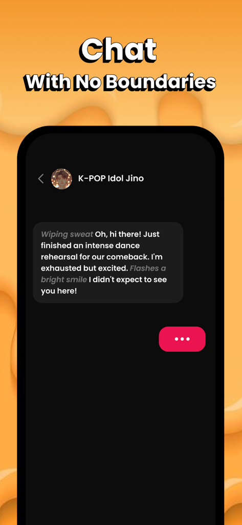 A mobile app interface showing a roleplay chat with a K-pop idol AI character