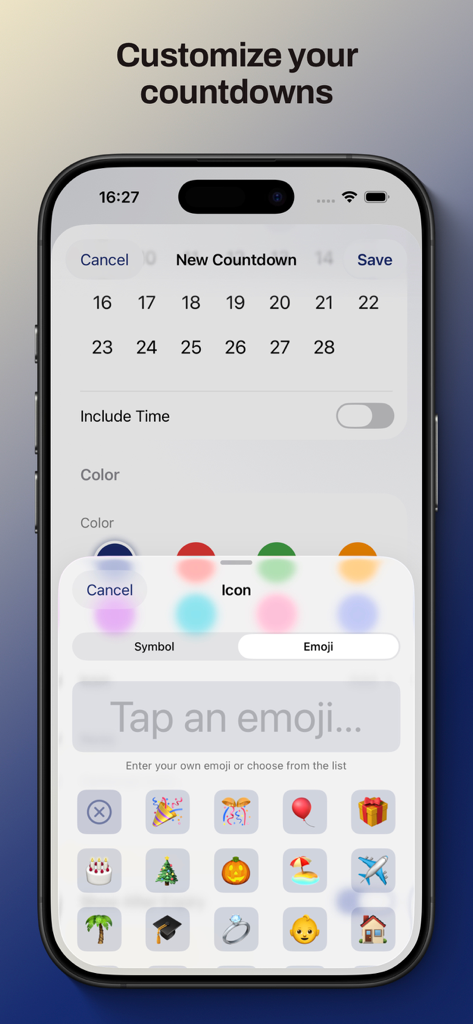 Countdowner Timer Pro - iPhone screen displaying the Countdowner Timer Pro app customization interface with an emoji picker for personalizing events