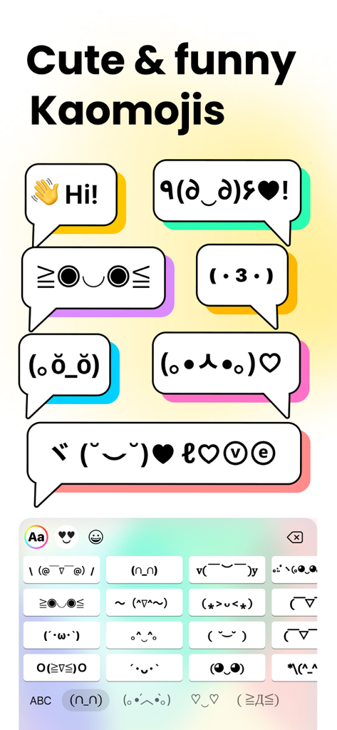 Fonts Keyboard ⋆ - A variety of cute and funny kaomojis shown in speech bubbles and on a mobile keyboard interface