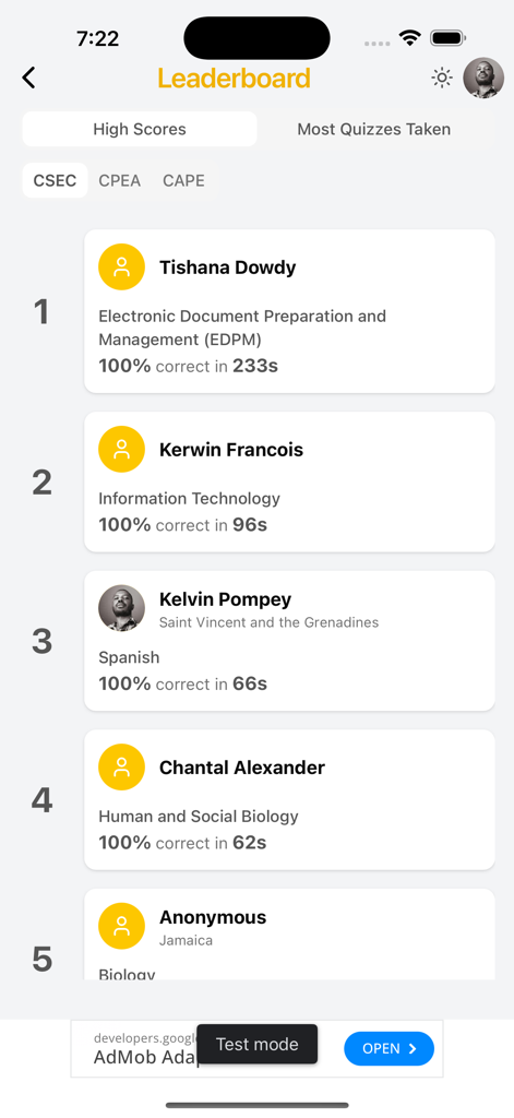 Exam Prep for CSEC, CAPE, CPEA - Tabla de clasificación que muestra las puntuaciones más altas para las materias de preparación de exámenes CSEC.