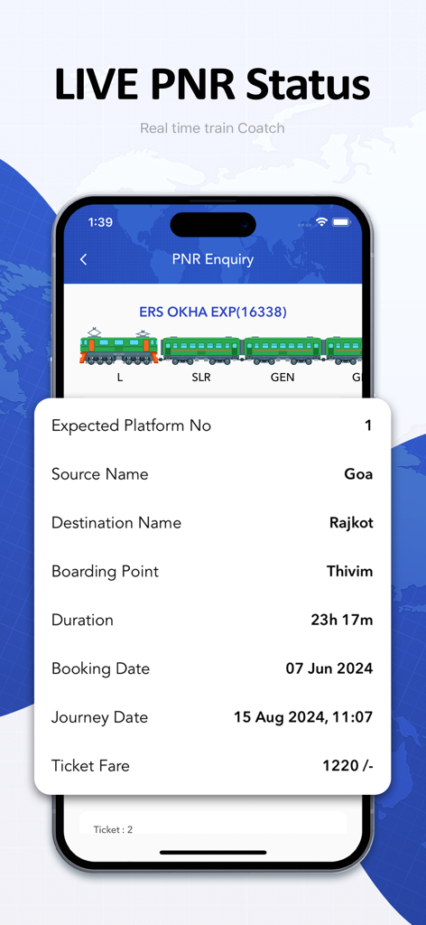 Mobile app screenshot showing LIVE PNR Status with journey details for the ERS OKHA Express including platform number and ticket fare