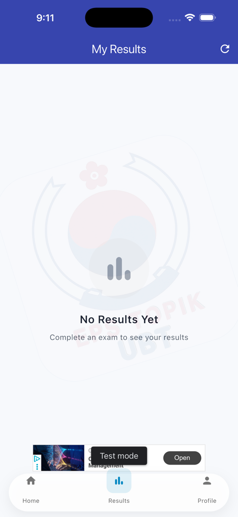Leere Ergebnisbildschirm der EPS TOPIK UBT Vorbereitungs-App